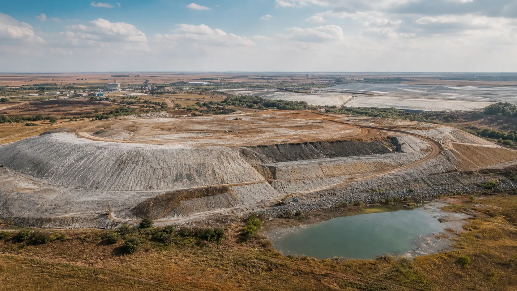 Aerial historical gold tailings facilities and surface asset environment